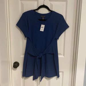 Blue maternity medium short sleeve tunic blouse with tie